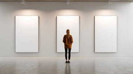 Fototapeta premium Woman Admiring Blank Canvases in a Modern Art Gallery, Seeking Creative Inspiration and Artistic Expression