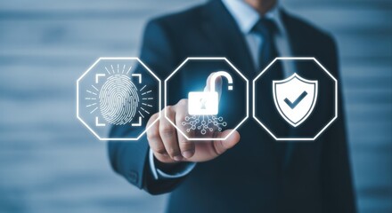 Businessman Activating Security System: Biometric Scan, Unlocked Padlock, and Verified Shield Icons