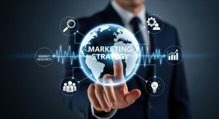 Business Professional Touching a Digital Marketing Strategy Globe Display, Representing Global Business Growth and Data Analytics