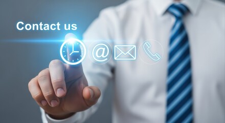 Contact Options with Modern Interface: Businessman Touching Digital Icons for Communication and Support