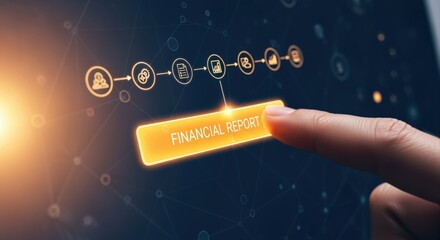 Financial Report Touchscreen Interface with Data Flow, Depicting Analysis, Insights, and Technological Integration for Business