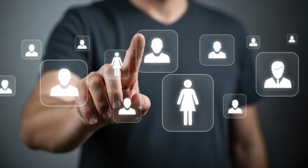 Interactive Interface: Man Touching Virtual Screen Displaying People Icons For Business Networking and HR Solutions