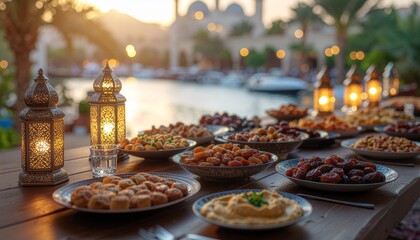 Majestic mosque illuminated at night during Ramadan with festive tablescape by the serene waterfront
