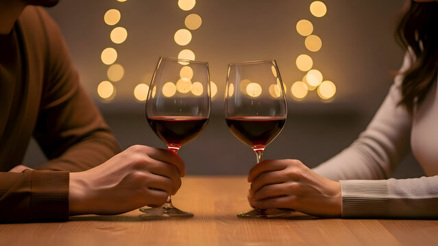 A man and woman clinking wine glasses together at a cozy table with string lights in the background on a romantic evening