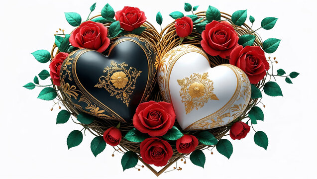 Wide luxury scene of black and white hearts with gold carving resting in rose nest centered bright white 3D. Symbol of love and wedding.