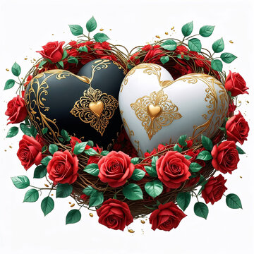 Black and white carved hearts with gold details placed together in red rose nest centered white 3D elegant illustration.