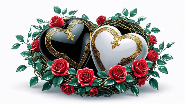 Powerful wide fantasy style black and white hearts with gold patterns arranged in rose nest pure white 3D image.