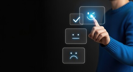 Customer feedback concept with person selecting positive smiley face rating on interactive digital interface
