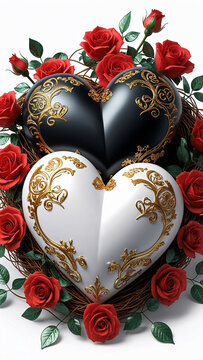 Stylish vertical centered composition black and white hearts gold carved placed in rose nest white 3D design. Symbol of love and wedding.