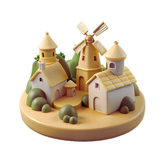 Cartoon Village 3D Illustration Featuring Windmill, Tower, Bushes, Hills, and Whimsical Architecture in Monochrome