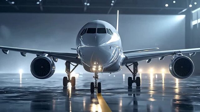 Large passenger plane parked on a wet tarmac, ready for flight.