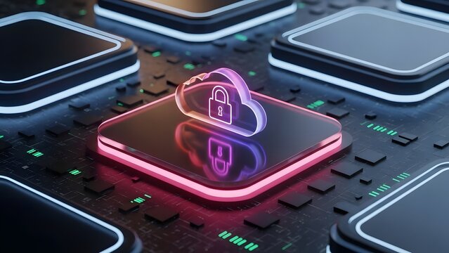 Cloud computing security concept with glowing padlock icon and data processing motherboard - Powered by Adobe
