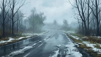 A scenic rural road winds through a frozen white winter landscape where snow-covered trees and a misty forest fog create a cold, serene nature path under a pale sky