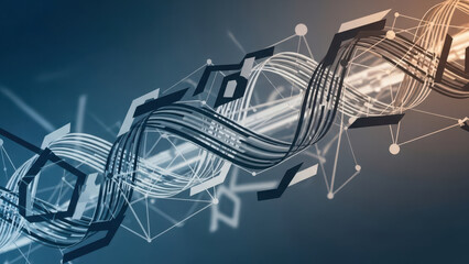 Abstract digital science background with blue glowing DNA helix and network dots.