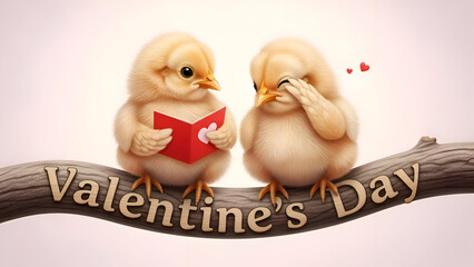Two adorable cartoon chicks sitting on a branch with a Valentine's Day message and one holding a heart-shaped card