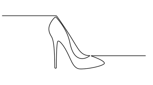 Self drawing animation of one line drawing of high heel shoe. Continuous one line drawing of women's high heel shoes. Fashion design, shoe stores. Animation on black background 4K video