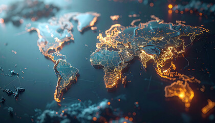Global Network: An illuminated world map, showcasing a vibrant network of global connectivity, representing the interconnectedness of continents and cultures.