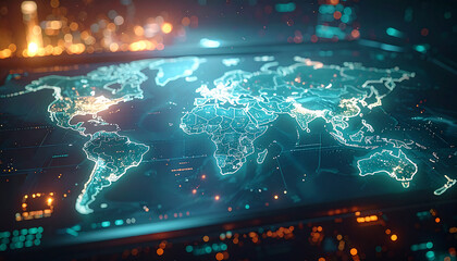 Global Network Connection: The digital world map shines with interconnectedness, reflecting the complex architecture of worldwide networks and data. The globe is glowing.