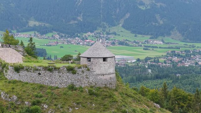 Aerial view of the ruins of Ehrenberg Castle near Highline 179. The castle stands on a peak in the mountains of Tyrol, Austria