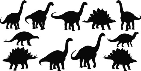 dinosaur silhouettes set, prehistoric animals collection, black vector reptiles, jurassic creatures pack, sauropod stegosaurus shapes, clipart bundle © MdMotakabir
