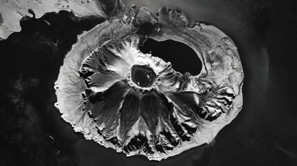 Black-and-white satellite image of a newborn island glowing with geothermal energy in glacial waters.