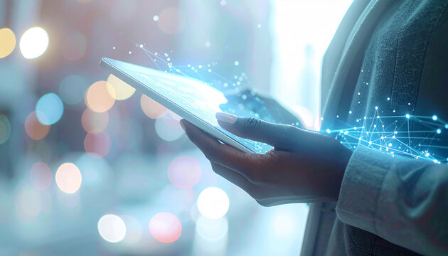 Digital Connection: A person uses a tablet, glowing lines symbolizing data flow and connectivity, highlighting the power of technology and digital interaction. - Powered by Adobe
