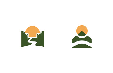 Modern construction and real estate logo set with mountain, house, and sun symbols