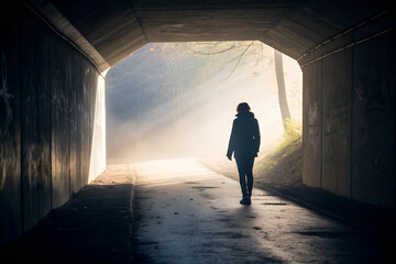 Silhouette of a person walking through a dark tunnel toward warm light, symbolizing hope, new beginnings, personal growth, overcoming fear, and moving forward into a new chapter of life.