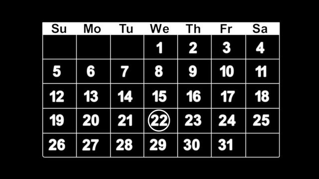 Businessman manages time for Day 22th reminder on calendar with circle mark or paint stain/ Ink bloom on date in work planning. Highlighting date number 22 on a calendar, Very important date calendar.