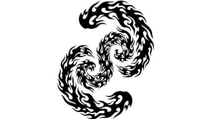 Black and white yin yang symbol with flame design on white background