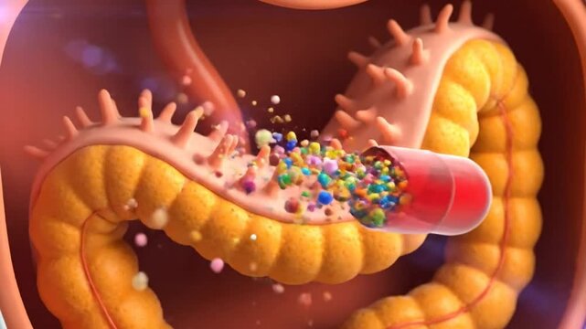 Capsule dissolving in the digestive system, releasing colorful medicine inside the large intestine, 3D animation