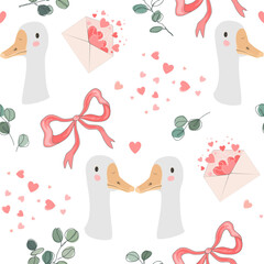 Goose Goose romantic seamless pattern. Cute Hugging birds background for Valentine day, wedding or wallpaper card design