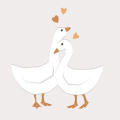 Goose Hugs couple. Cute Hugging birds isolated vector illustration. Greeting Valentine day, wedding or romantic card design element.