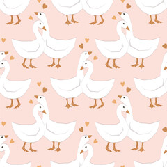 Goose Hugs couple seamless pattern. Cute Hugging birds background for Valentine day, wedding or romantic card design element.