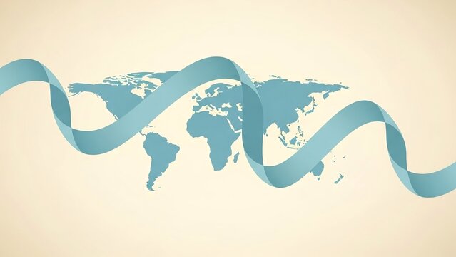 Global connectivity concept: a stylized, light blue ribbon flows across a muted blue world map against a cream-colored background.