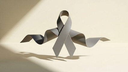 Grey ribbon, symbol of awareness and support for various causes, casting a shadow on a soft yellow background with dramatic lighting.