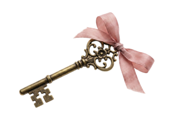 Antique brass skeleton key tied with pink ribbon. Vintage mystery concept.