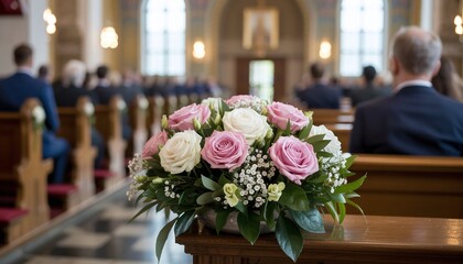 Elegant Church Interior with Bouquet of Pink and White Roses""