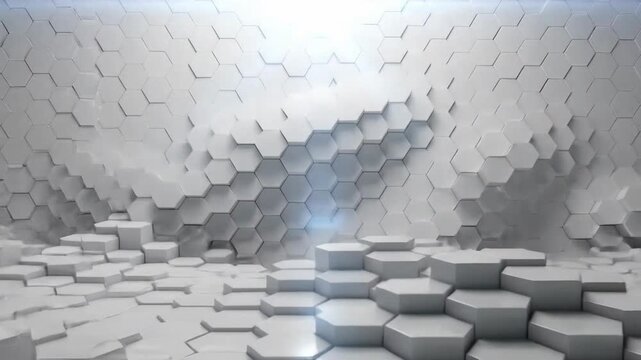 Abstract white hexagonal geometric background with a subtle light source creating depth.