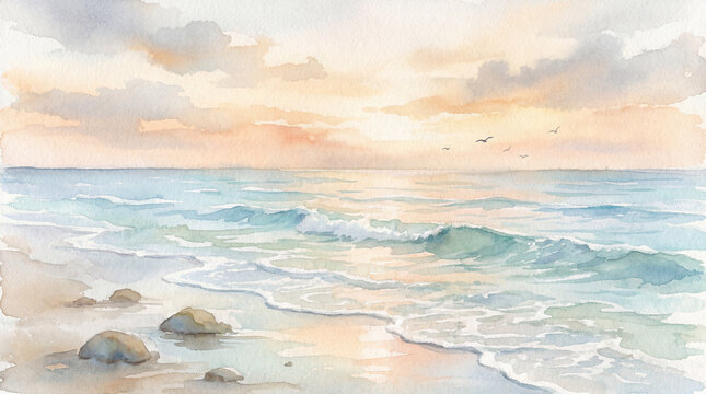 Watercolor seascape at sunrise with gentle waves and soft pastel sky