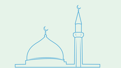 Minimalist blue outline of a mosque dome and minaret on a pale green background Islamic architecture © SULTANA