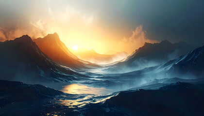 Digital landscape painting of a serene sunset over a calm lake between rugged cliffs with warm light