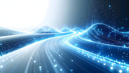 Futuristic highway at night with glowing blue light streams and digital particles for data transfer