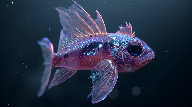 Colorful fish swimming in deep water with bright light shining on its body