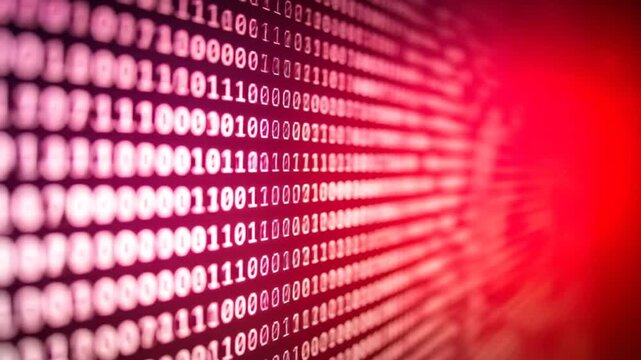 A diagonal perspective of binary code, glowing white, against a gradient red backdrop