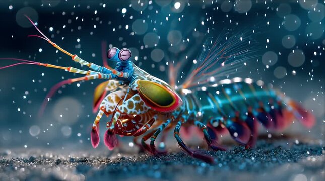 Colorful mantis shrimp moves on ocean floor during daytime in coral reef habitat near tropical island