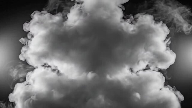 Dramatic monochrome image of a billowing cloud of smoke or vapor against a dark background.