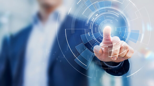 Person in professional business attire interacting with a transparent virtual reality touch screen interface highlighting advanced security systems and futuristic digital data visualization - Powered by Adobe