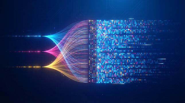 Abstract data stream visualization with colorful glowing binary light lines merging into digital information flow for big data analytics cloud computing and high speed networking - Powered by Adobe