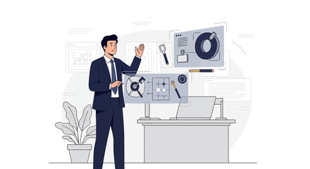 Confident businessman presenting innovative technology solutions with graphical interfaces in